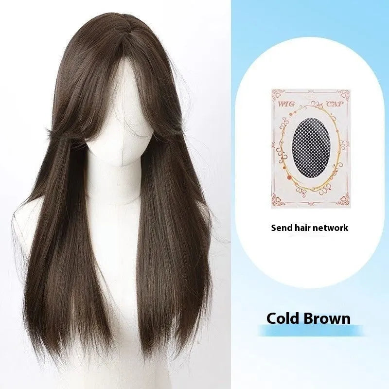 Forehead lace long straight black wig with side bangs in high temperature fibre material