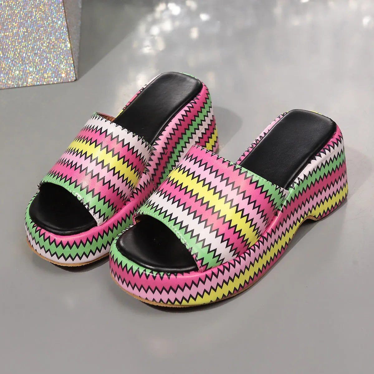 Women's wave print wedge sandals with thick bottom and fish mouth toe in beige blue or pink
