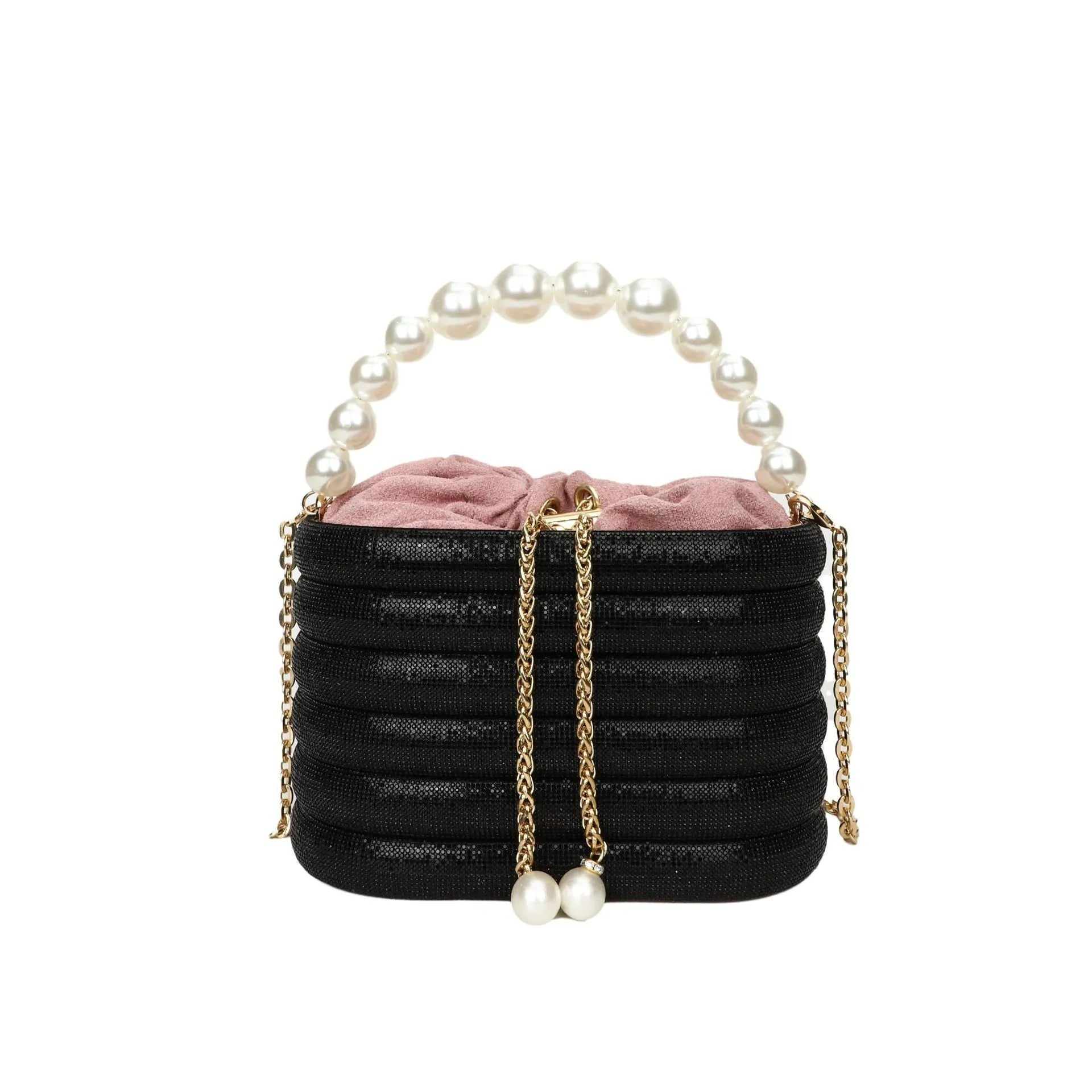 Retro style women's crossbody bag with pearl beading decoration and round shape