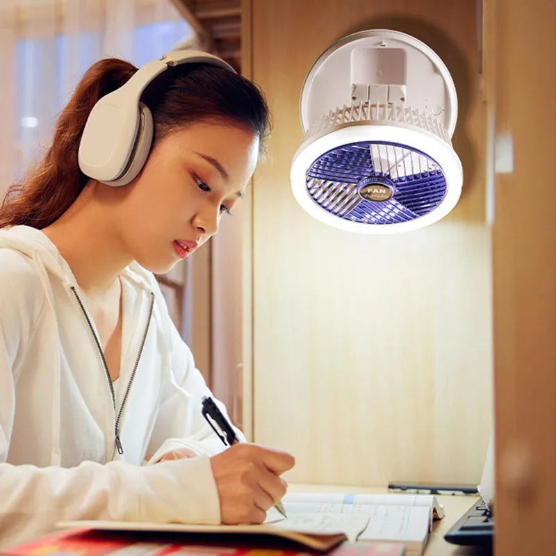 Blue foldable USB desk fan with LED light shown in wall-mounted and desk positions
