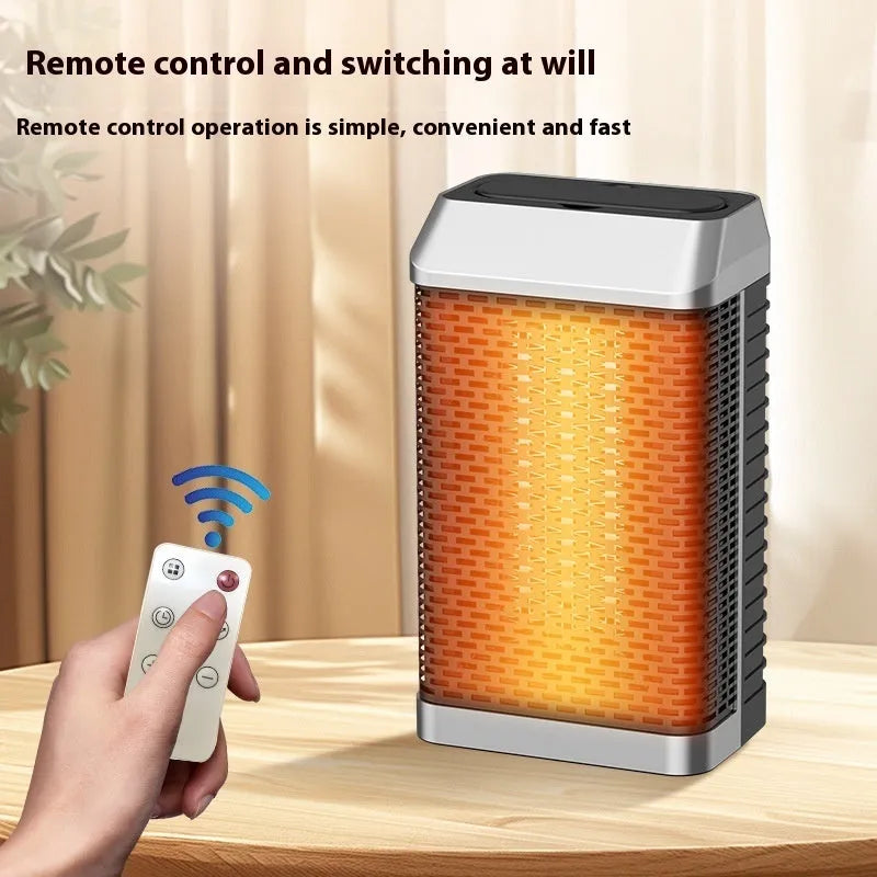 Black desktop warm air blower heater with remote control on wooden desk
