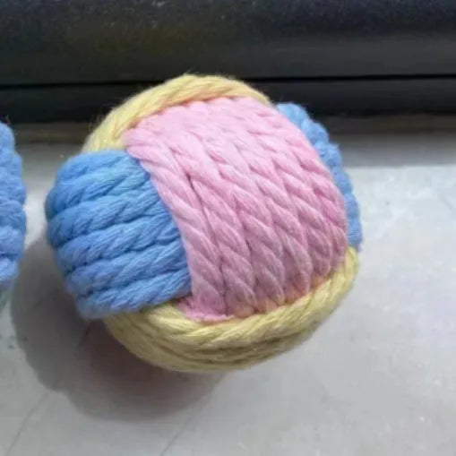 Handmade plush cotton cat hair ball toy in mixed colours, shown next to a ruler indicating 5cm size.