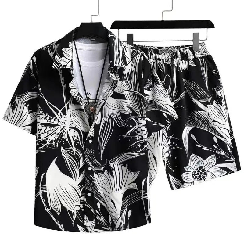 Man wearing a digitally printed short-sleeve cardigan and matching shorts from a casual suit set.