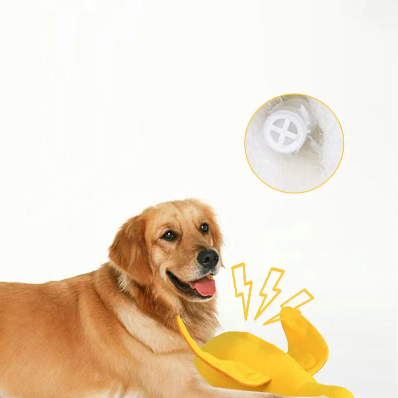 Yellow teddy dog toy with an attached duck doll, showing integrated food leak pockets for treats.