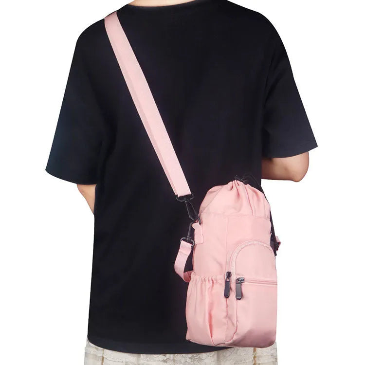 Cloth water bottle shoulder bag with crossbody strap in black, green, or pink colour
