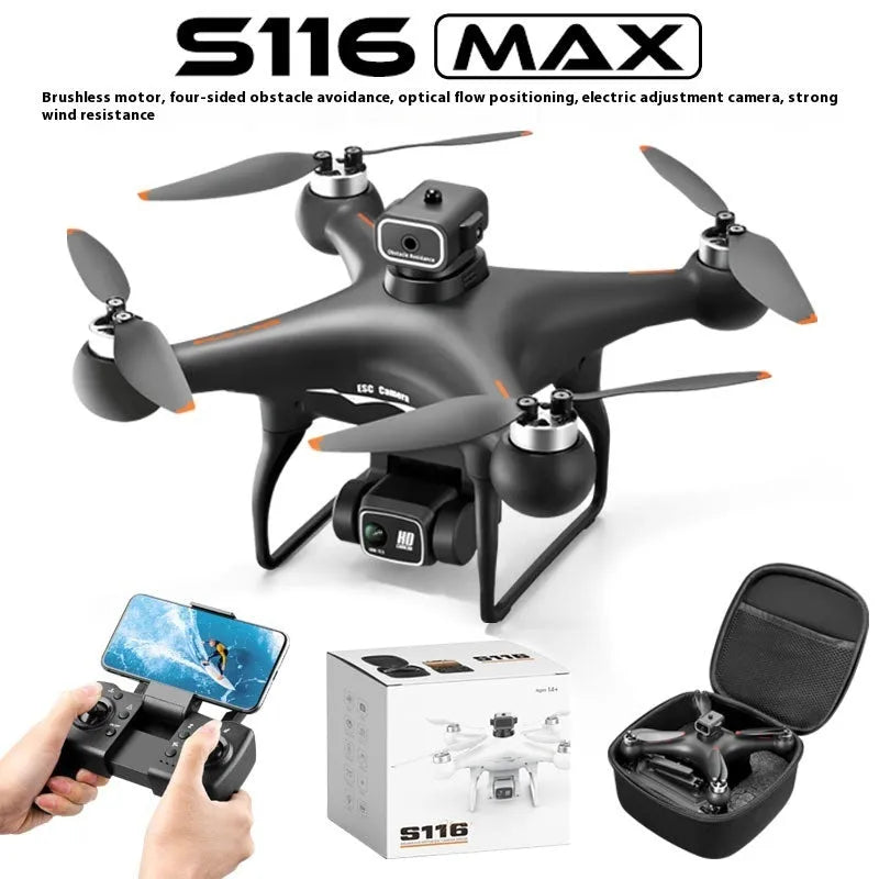 Black S116 brushless motor drone with four propellers and a camera, shown with its remote control.