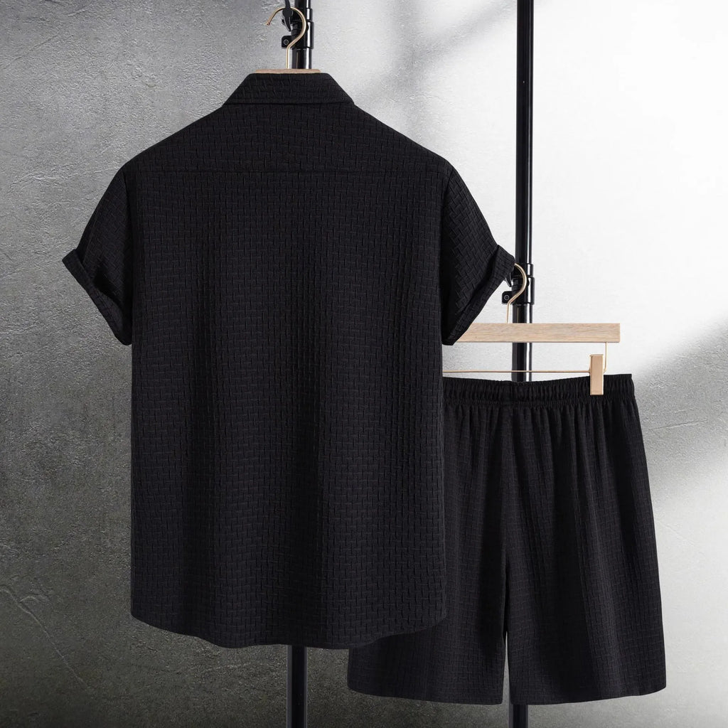 Men's black cotton blend beach shorts suit with short sleeve shirt and matching shorts