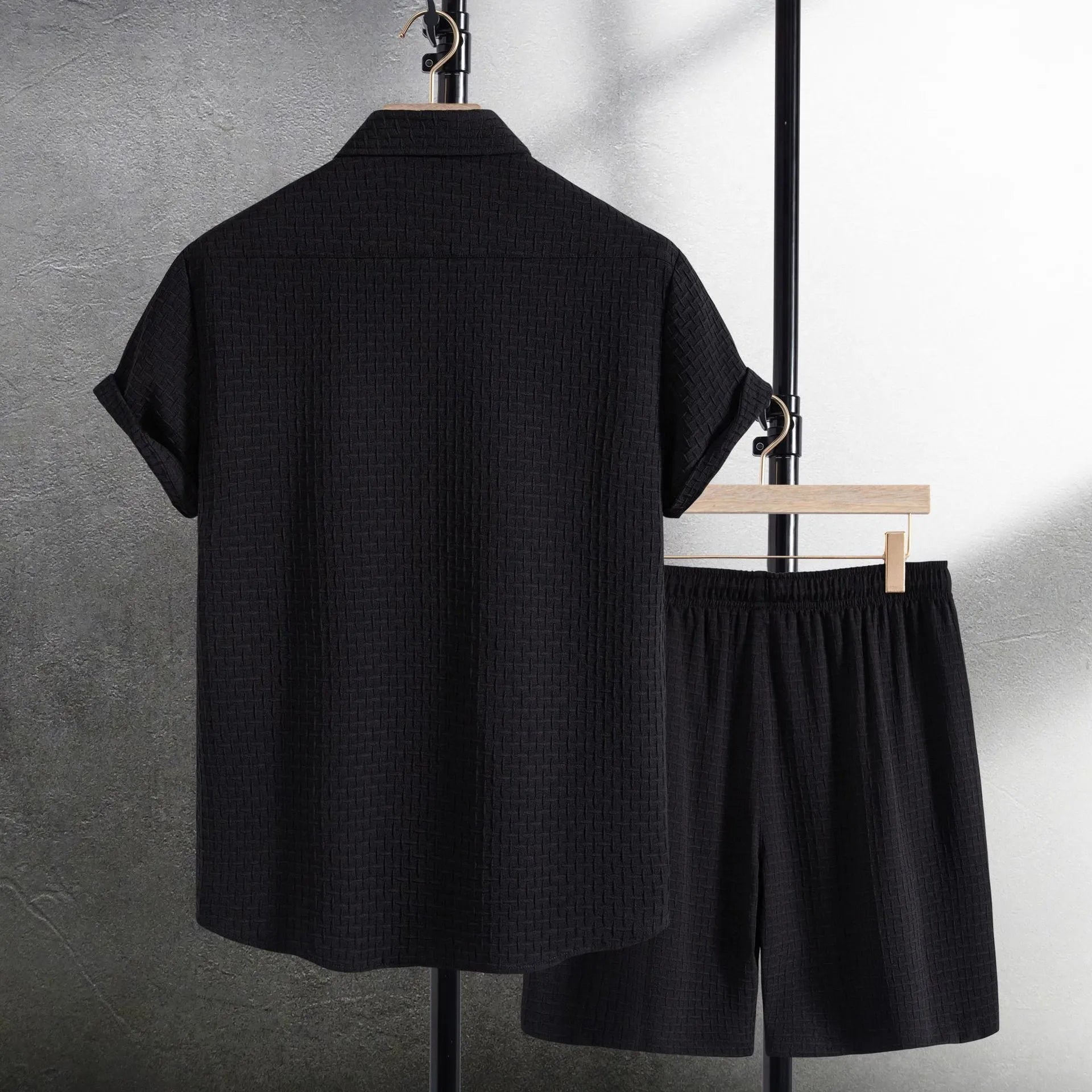Men's black cotton blend beach shorts suit with short sleeve shirt and matching shorts
