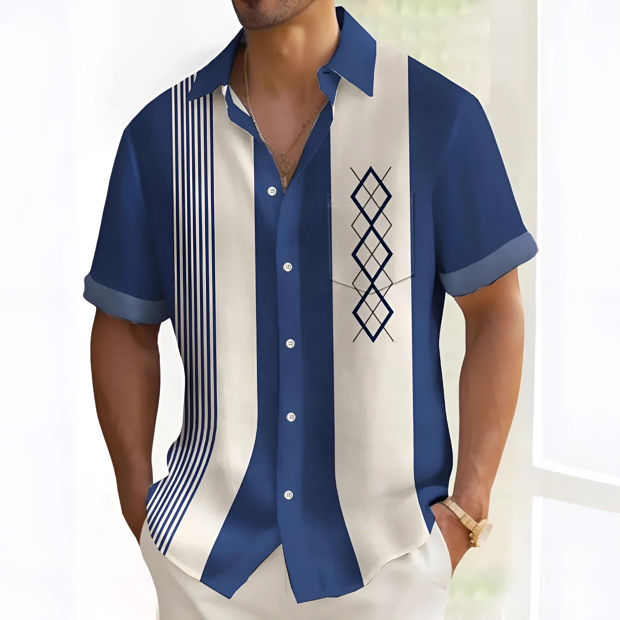 Men's multicolor printed loose shirt cardigan style leisure wear on hanger