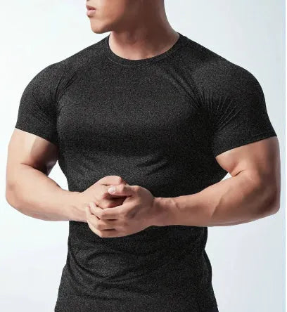 Men's quick-dry polyester short sleeve T-shirt in black, grey, green or pink colours