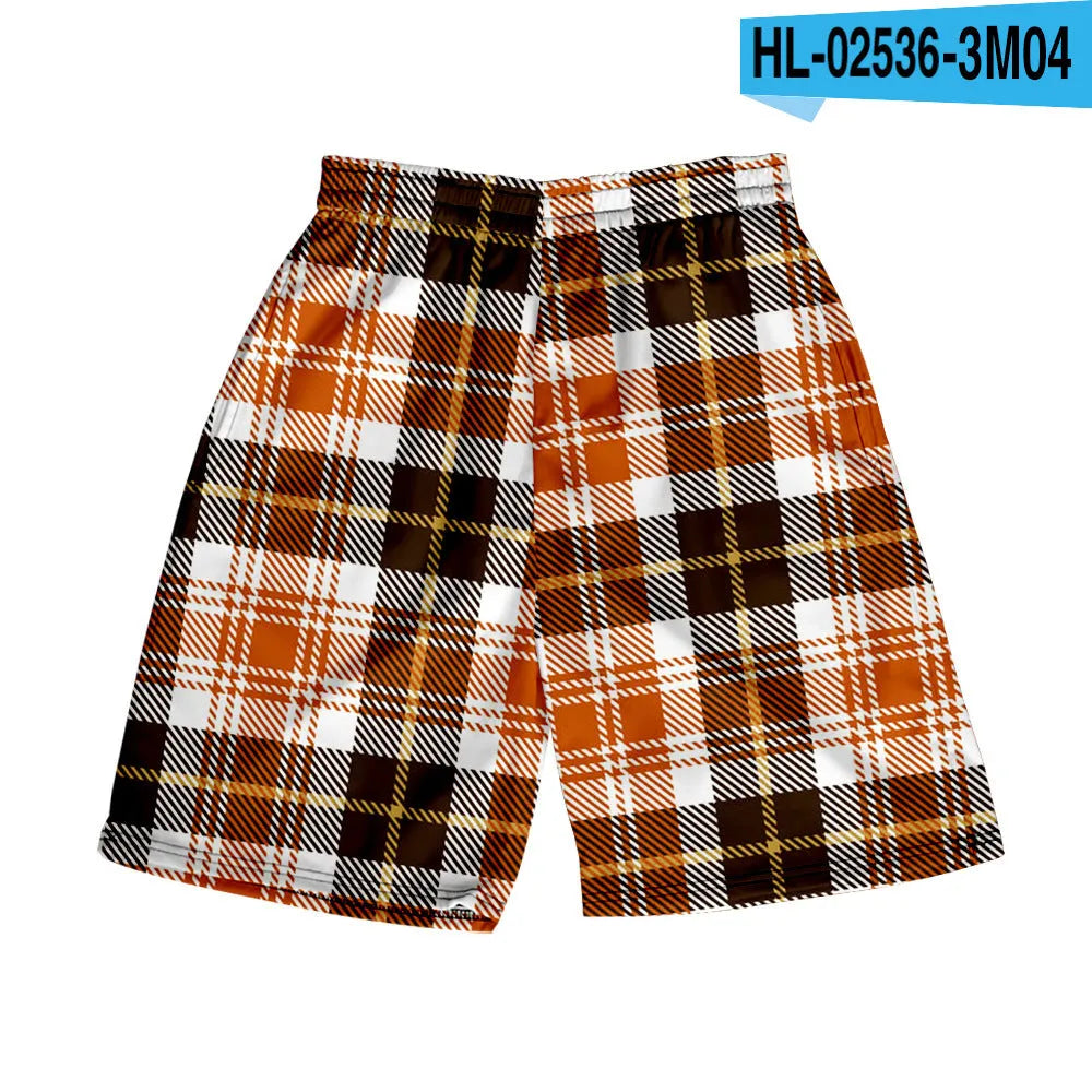 Men's polyester plaid shorts with elastic waistband in straight cut for casual wear