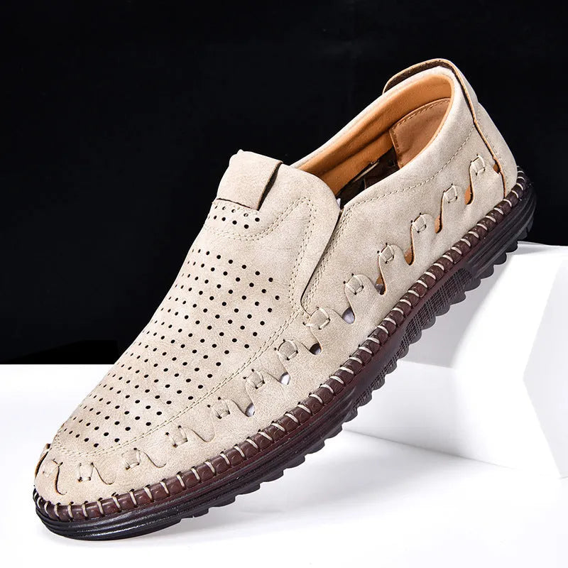 Men's brown slip-on casual shoes with round toe cap and hollowed-out sewing line detailing