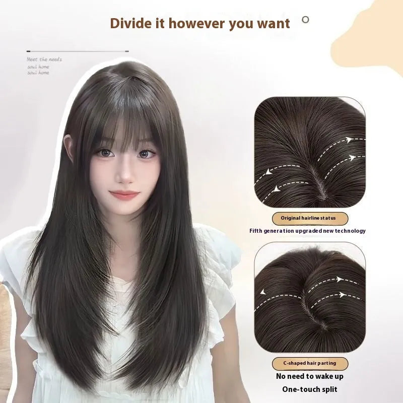 Full-head wear-free hair net wig with long straight high-temperature fibre and layered styling in black colour options