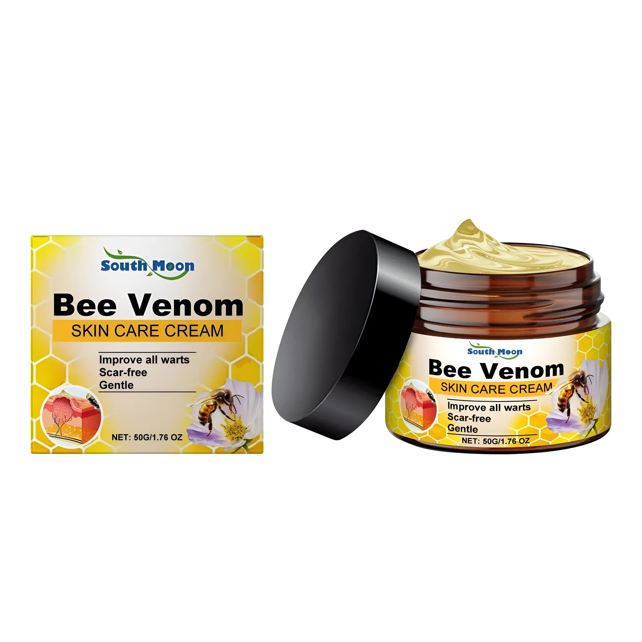 50g jar of skin cream with bee venom, honey and tea tree oil active ingredients.