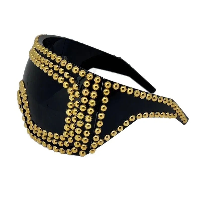 Men's punk style sunglasses with super large square rim and rivet details in gold colour