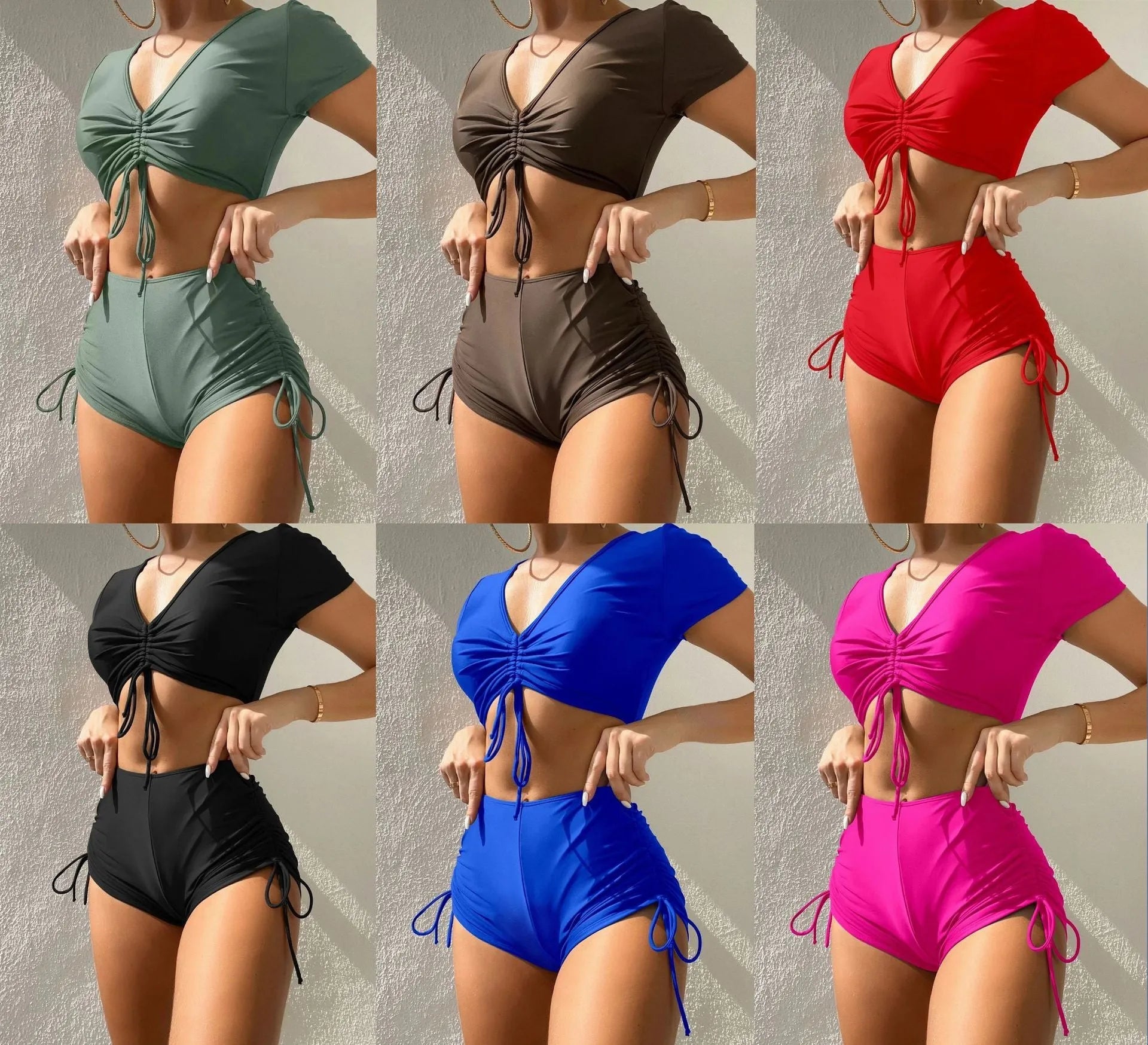 Women's lace-up swimsuit top with matching shorts in dark green colour