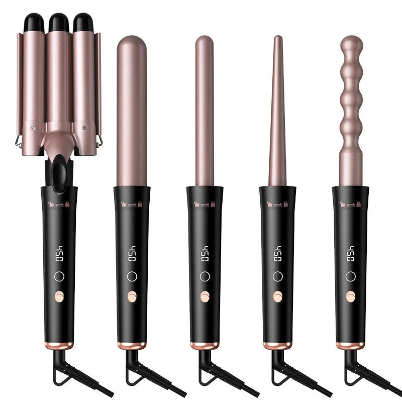 Rose gold hair curler with LCD display and multiple interchangeable tubes on a colour box, with protective gloves.