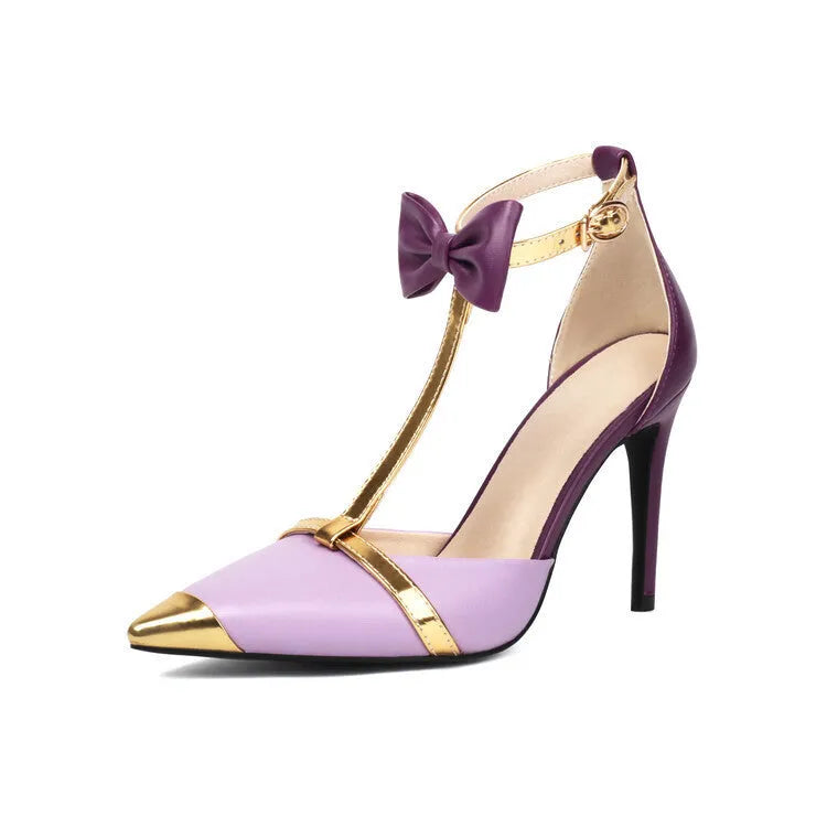 Women's purple and white plus size closed toe high heel sandals with buckle fastening