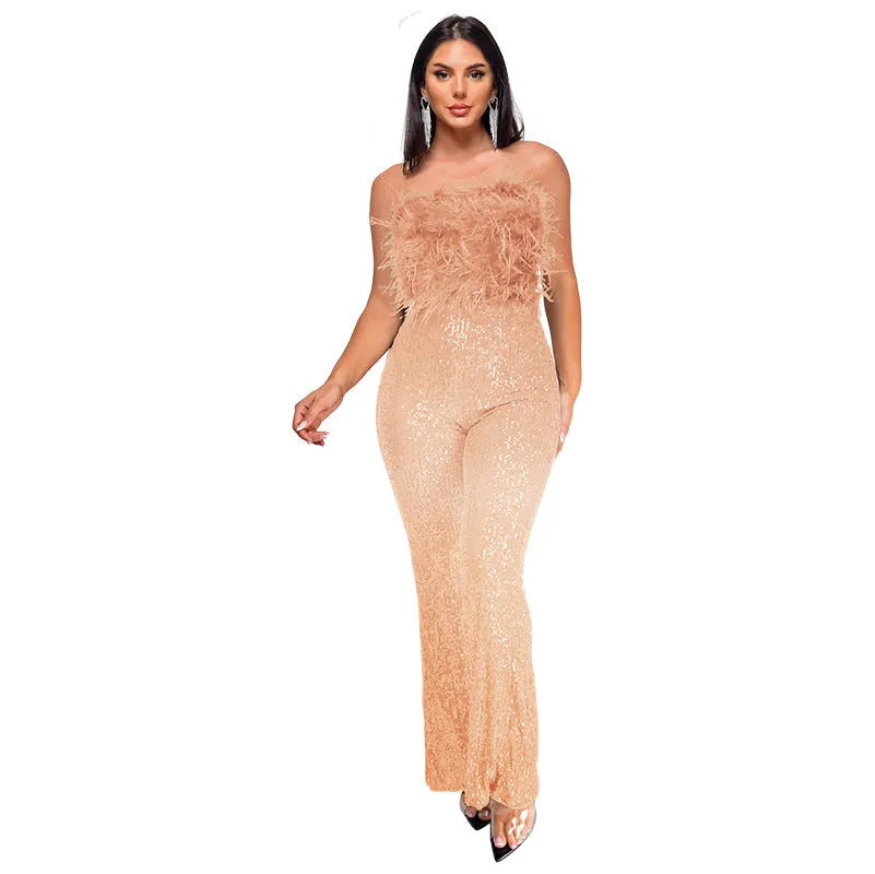 Women's sleeveless backless evening jumpsuit with flared legs and sequin collar detail