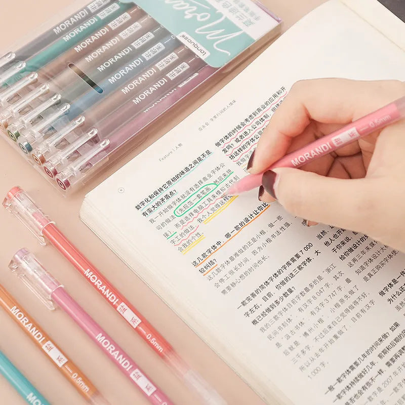 Retro style gel pen set with nine 0.5mm needle tip pens in plastic case measuring 15.2x8.5cm
