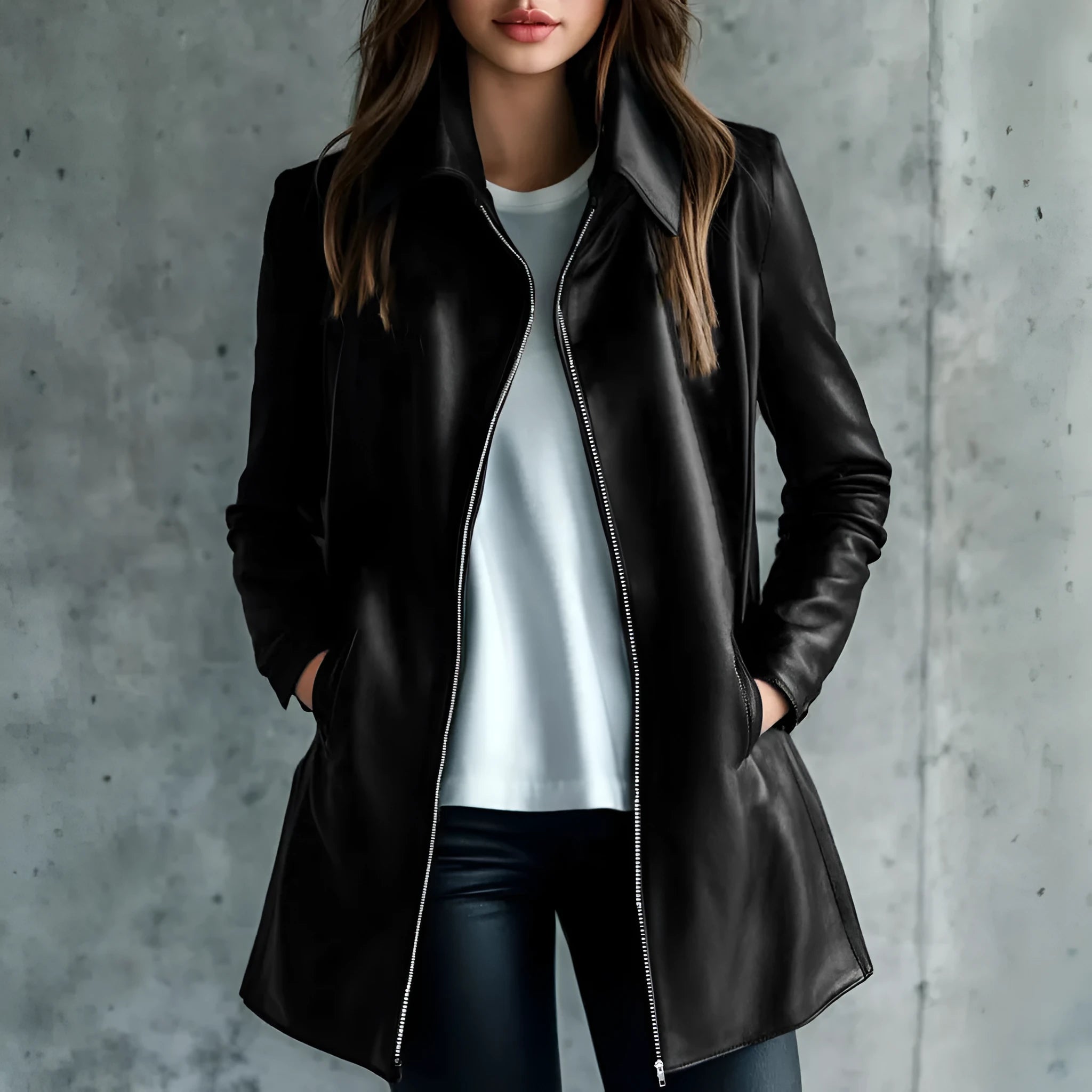 Black women's polyester leather jacket on a hanger, showing long sleeves and medium length.