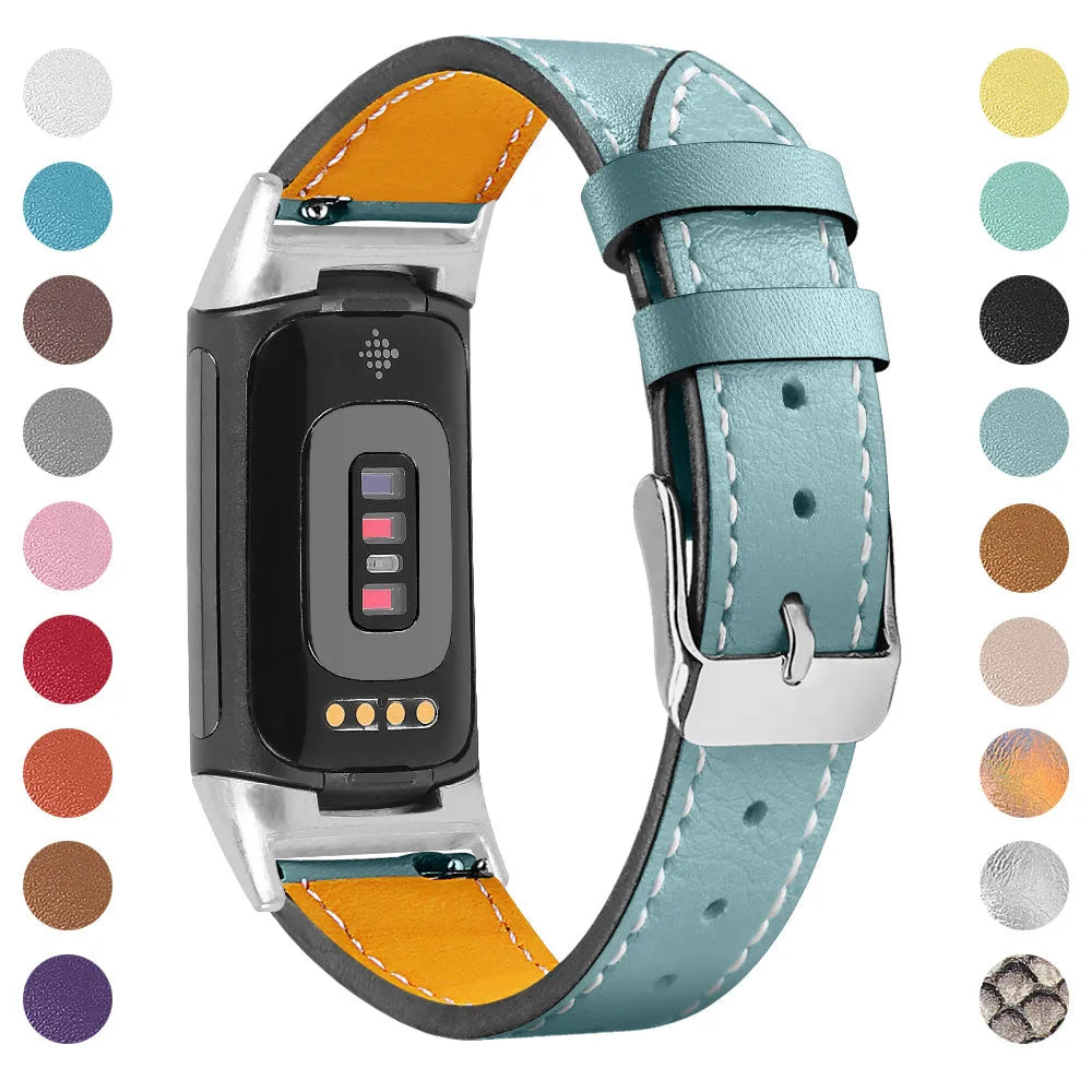 Genuine leather replacement strap for Fitbit Charge 5 and Charge 6 smartwatches in multiple colour options.