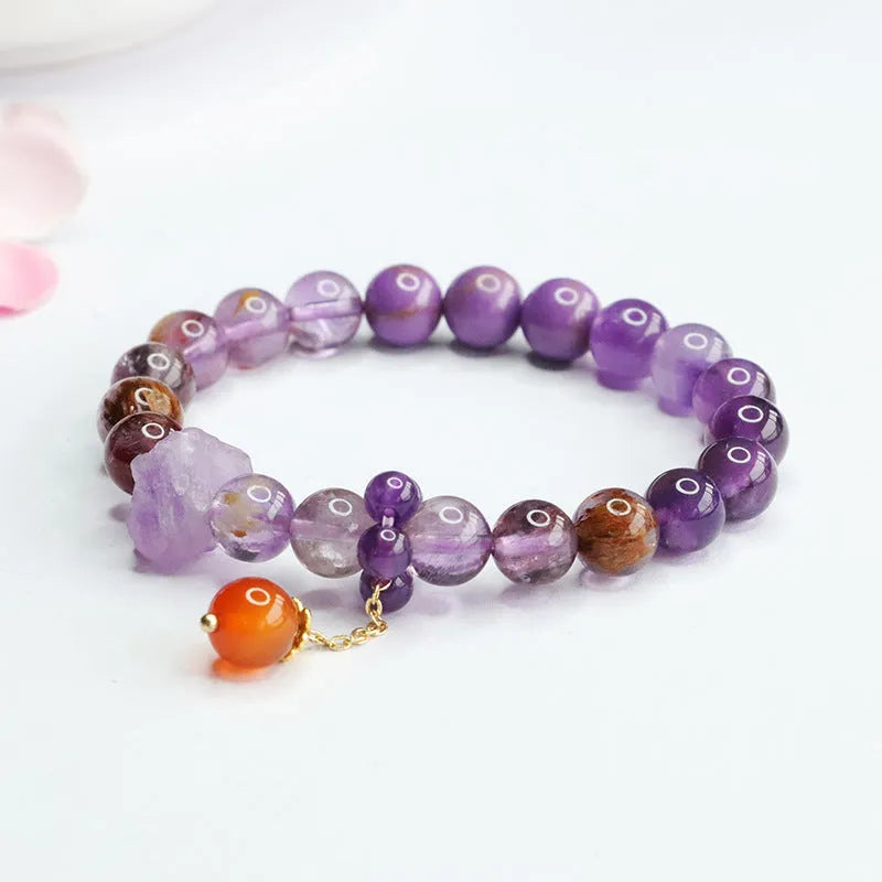 Natural nine purple amethyst and red agate crystal bracelet in Mori style design