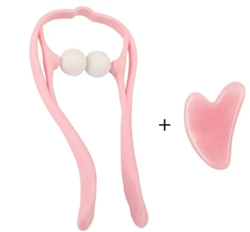 Plastic handheld neck and shoulder massager with adjustable width and roller head in pink, blue, and green colours.