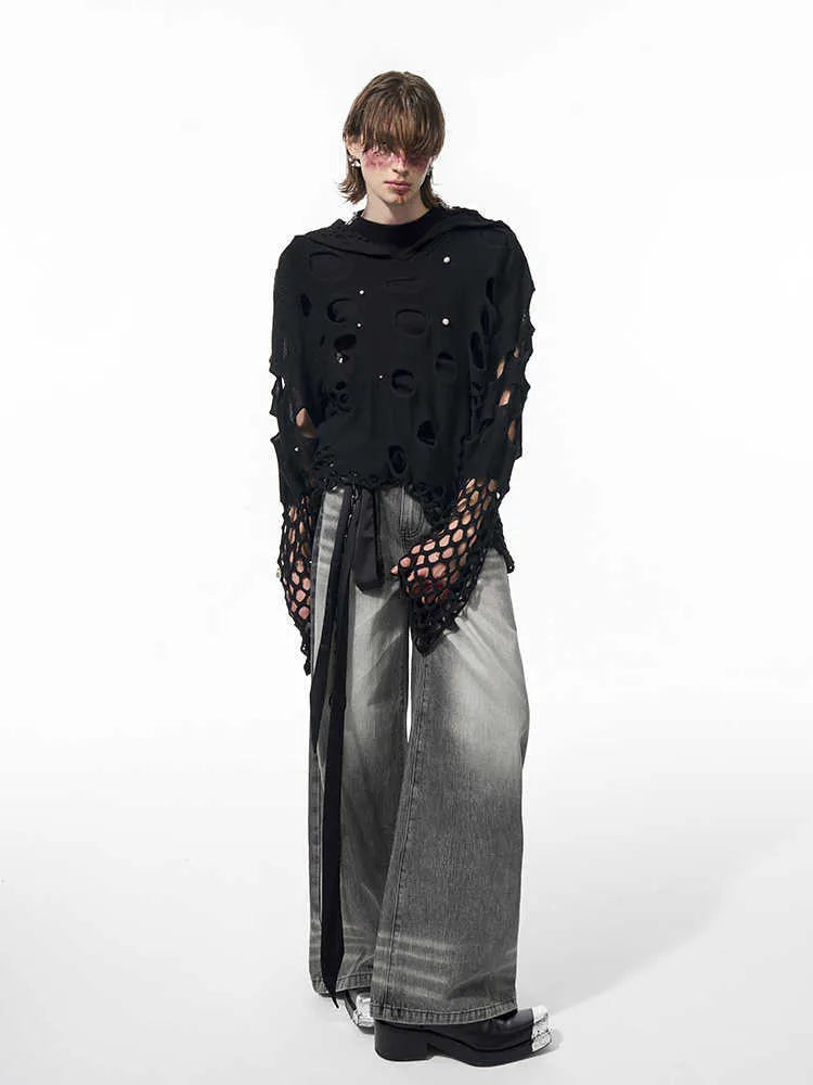 Men's black hooded sweater with pearl decoration and loose fit