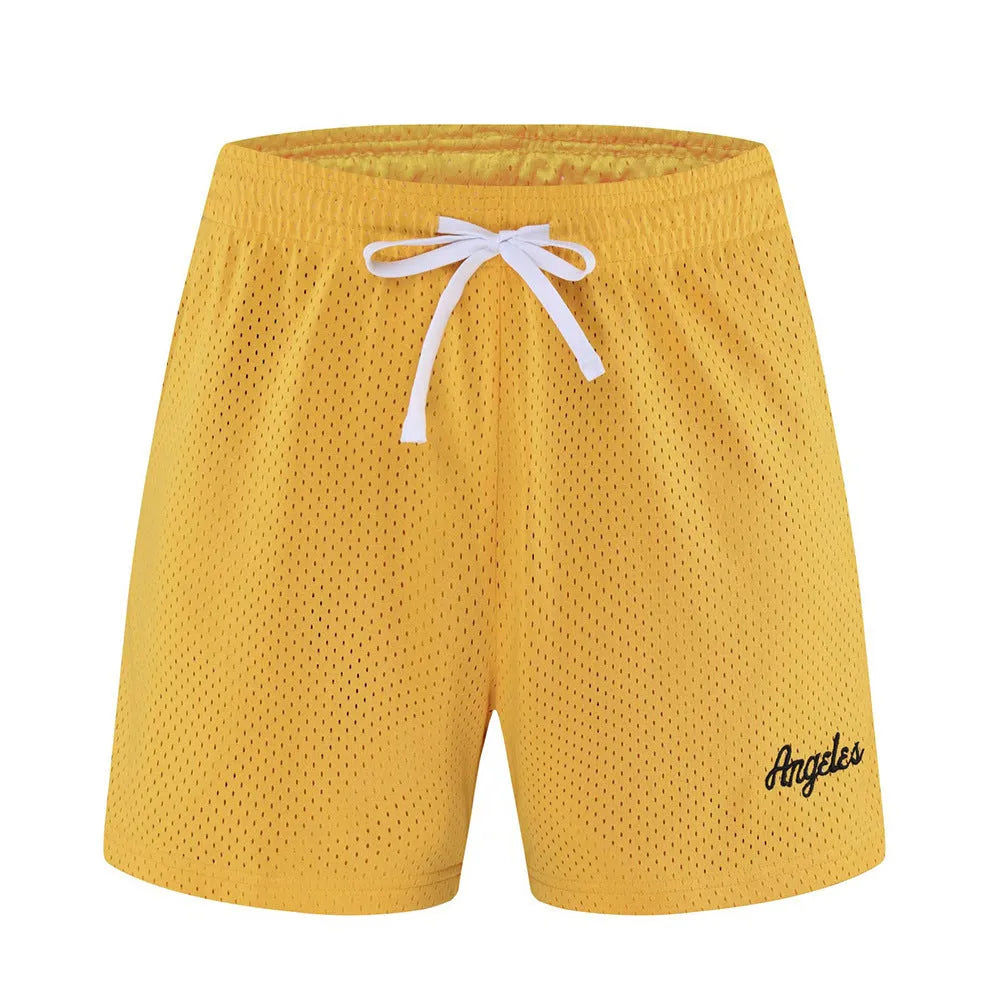 Men's double-layer mesh shorts in sports purple showing mesh texture and sport styling