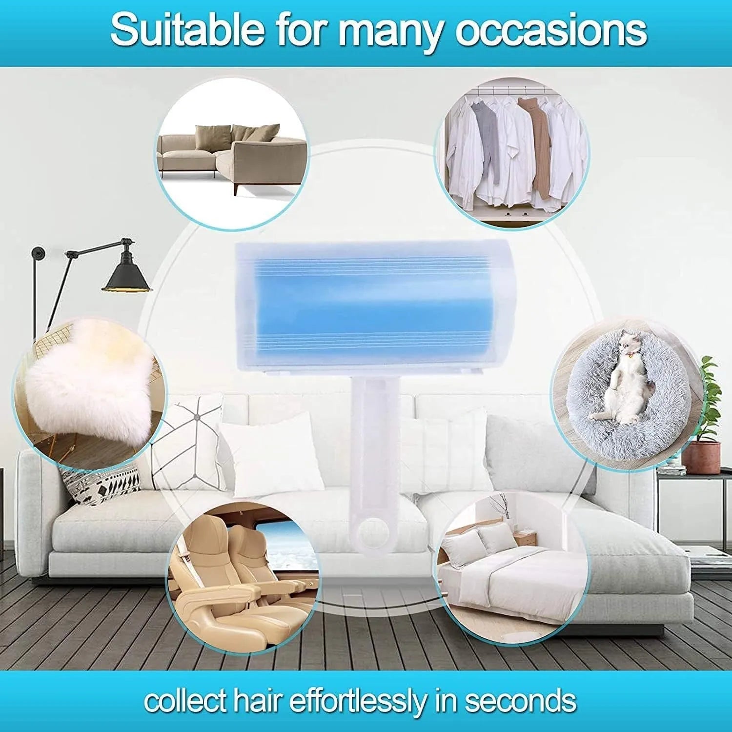 Blue washable reusable lint roller with cover for pet hair removal on fabric.