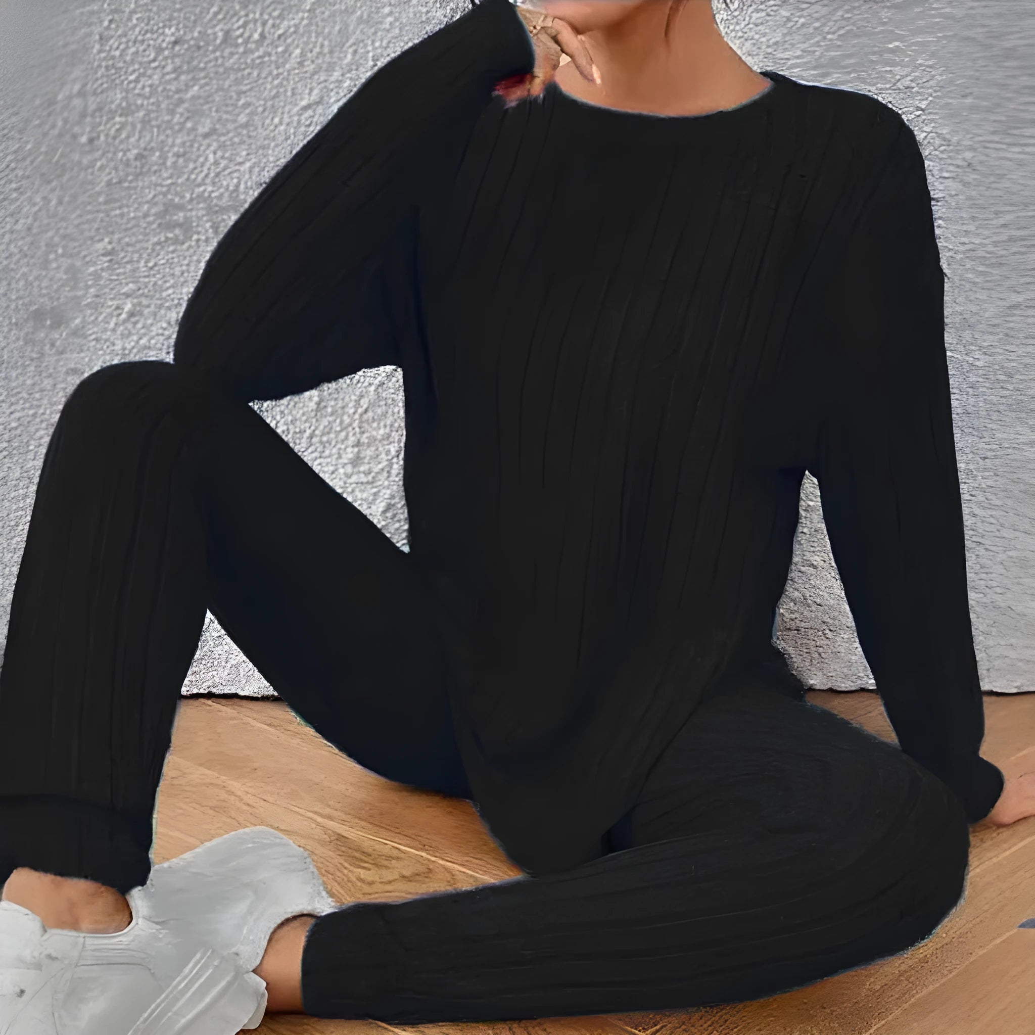 Sunken stripe fashion casual polyester two-piece homewear set in black or blue colours