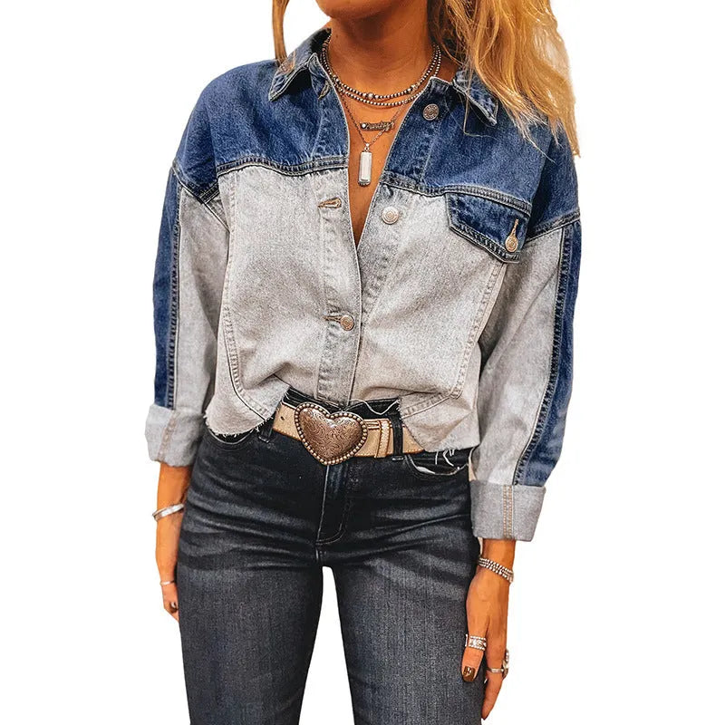 Loose fit women's denim coat with multi-buckle front on hanger.