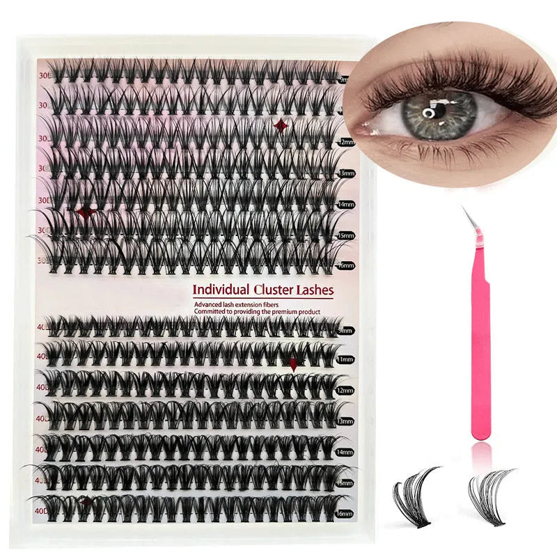 Mixed package of DIY cluster false eyelashes showing 30D and 40D densities with tweezers
