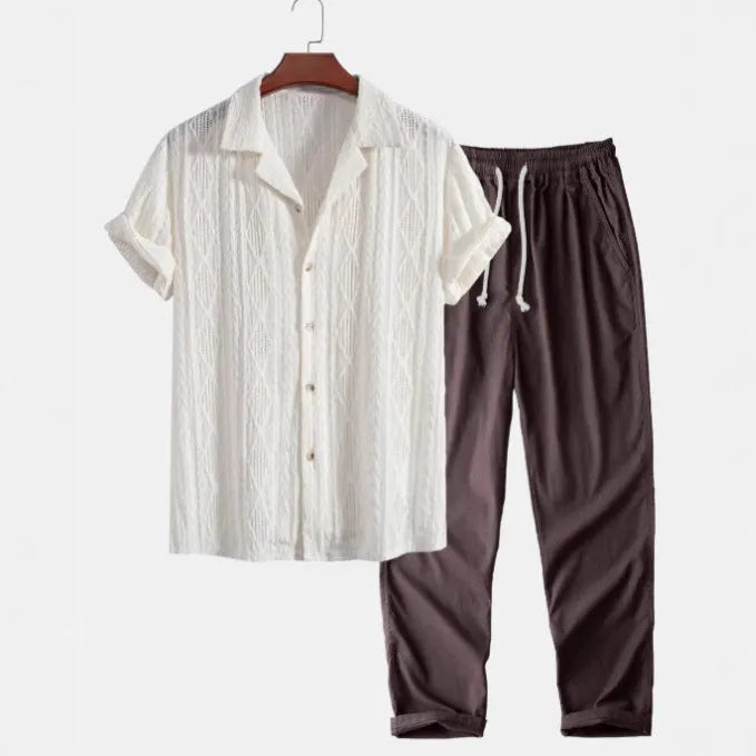 Linen polyester casual suit set with digital camouflage print, showing short sleeve shirt and trousers in slim fit