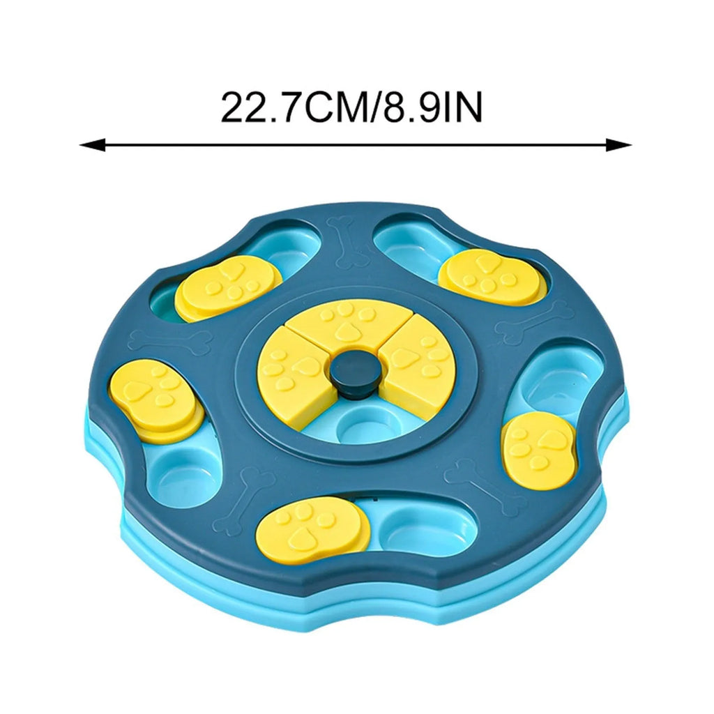 Blue dog puzzle feeder bowl with food compartments for interactive feeding games