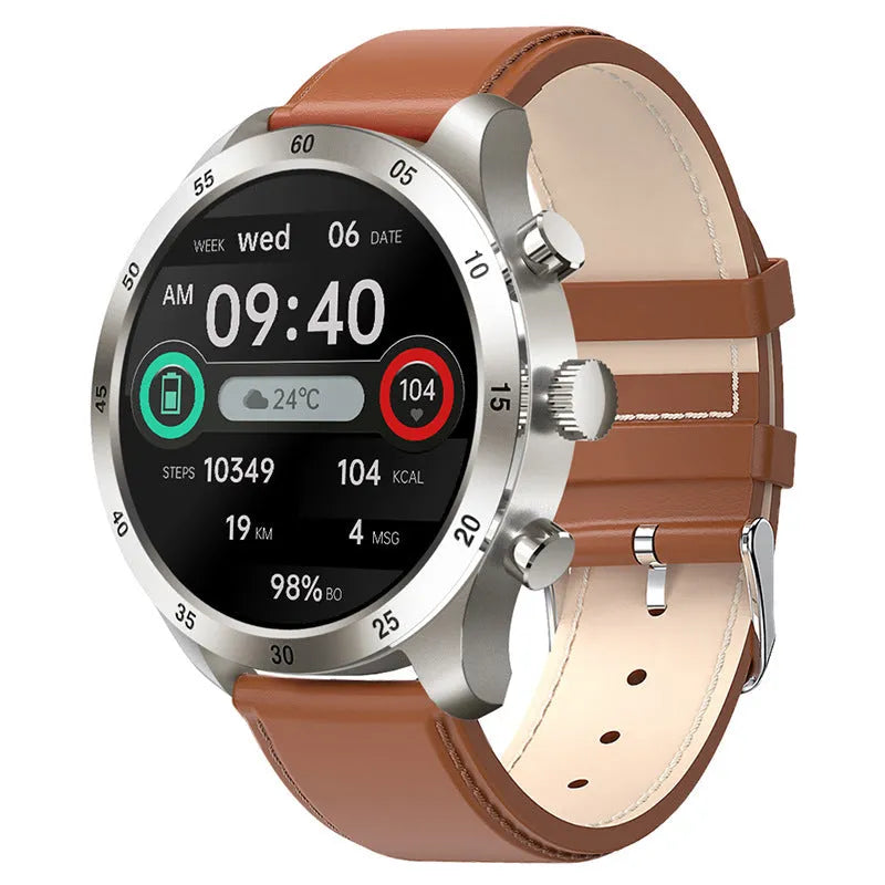Apple iOS smart watch with Bluetooth calling on wrist, showing steel case and health monitoring display.