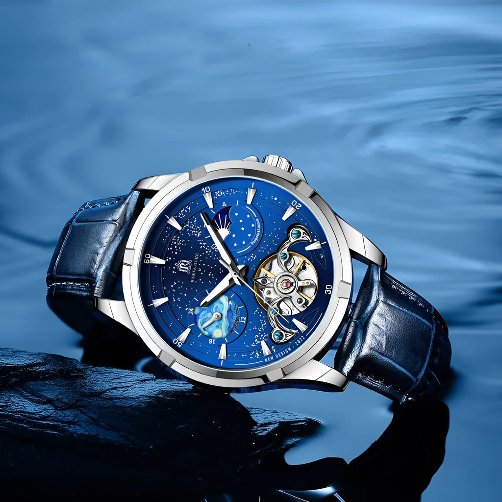 Men's automatic mechanical watch with blue dial and transparent case back