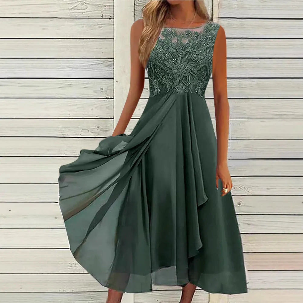 Women's sleeveless chiffon dress with lace hollow-out stitching, midi length, shown in blue.