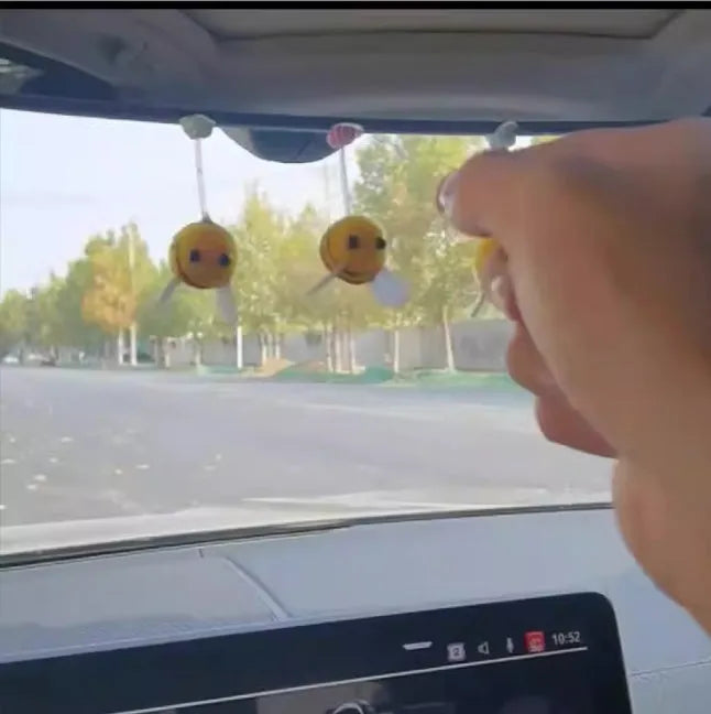 Small yellow and black cartoon bee car decoration with fur ball material, 3x3cm size