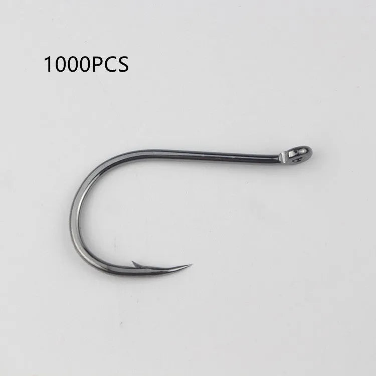 Bulk pack of barbed fishing hooks with crooked mouth and hole ring in alloy carbon steel.