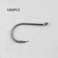 Bulk pack of barbed fishing hooks with crooked mouth and hole ring in alloy carbon steel.