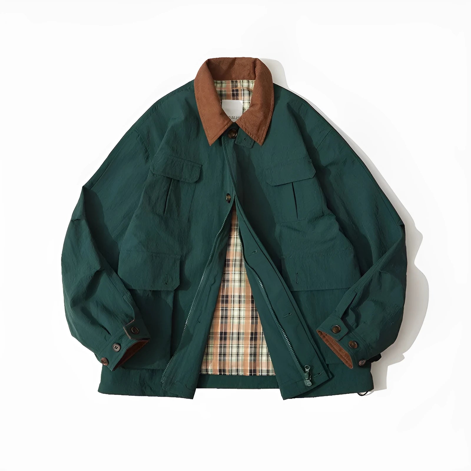 Green unisex casual jacket with contrast colour panels and side seam pockets on a model.