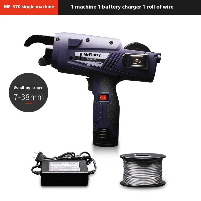 Fully automatic electric steel bar tying machine with battery on a construction site.