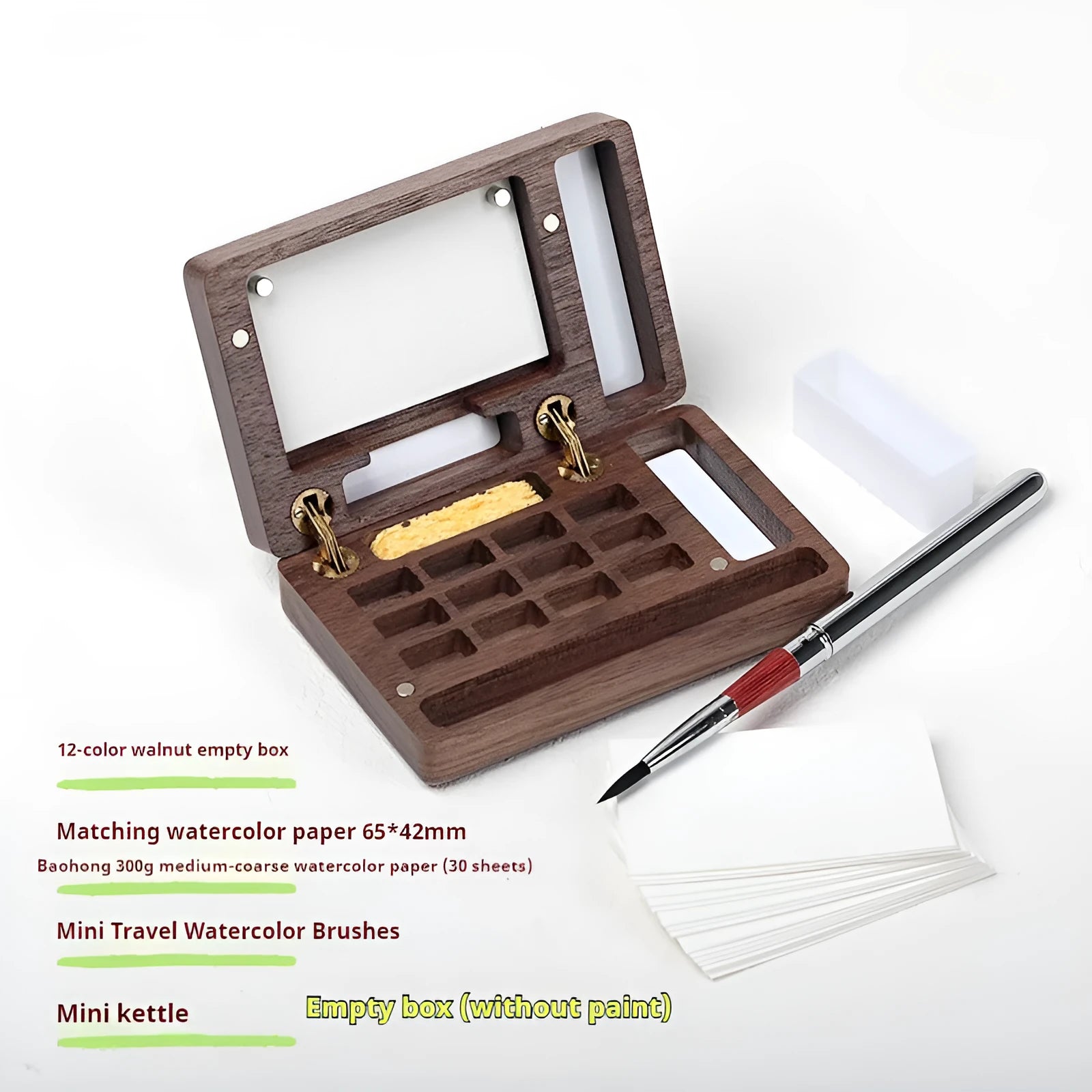 Mini walnut wooden watercolour paint box with included professional paint set for portable art supplies