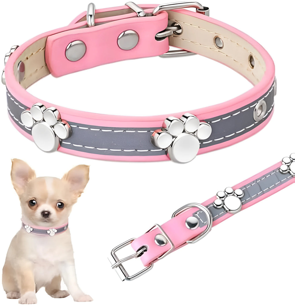 Adjustable leather dog collar with reflective stitching and metal paw print rivets
