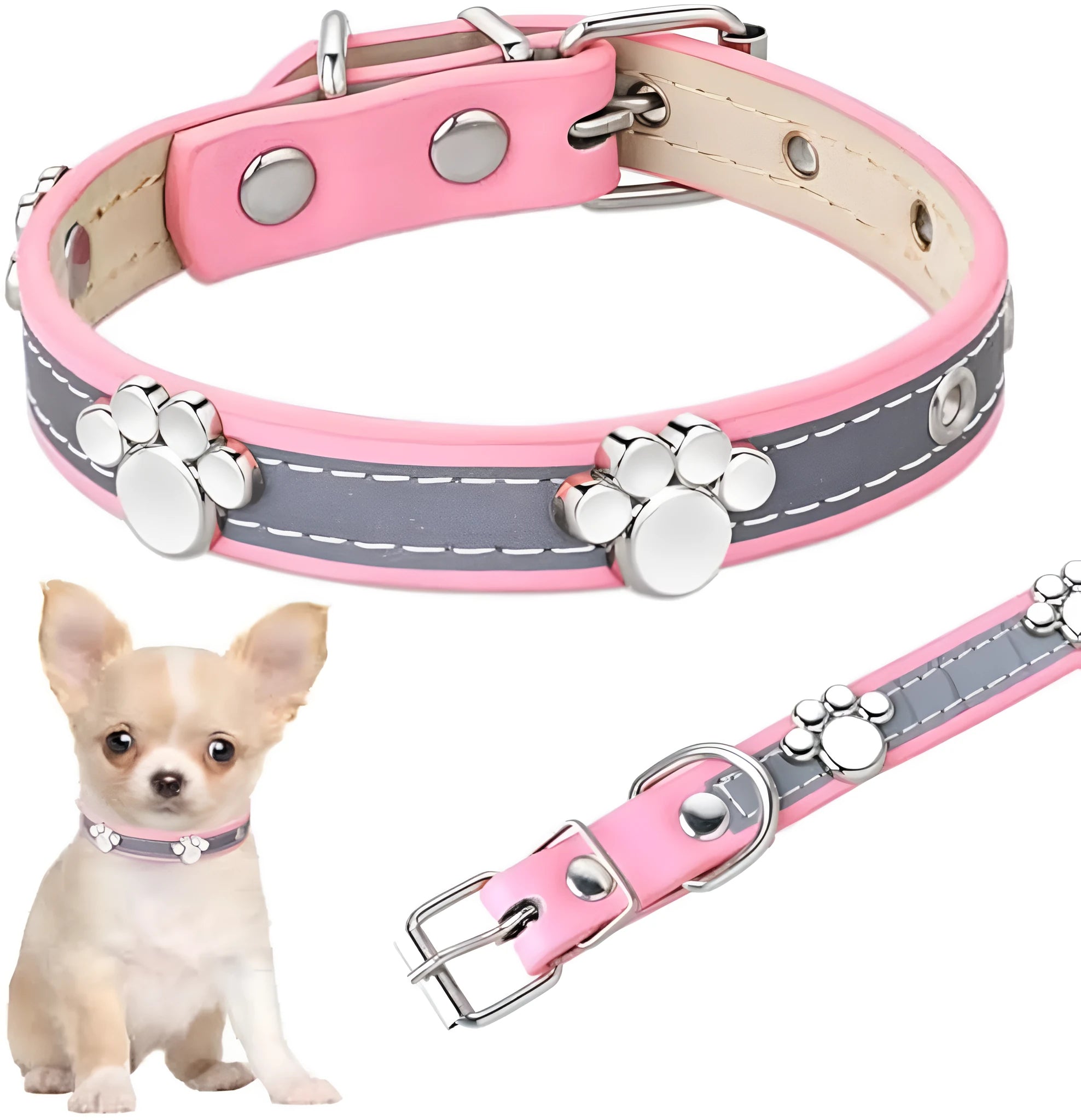 Adjustable leather dog collar with reflective stitching and metal paw print rivets