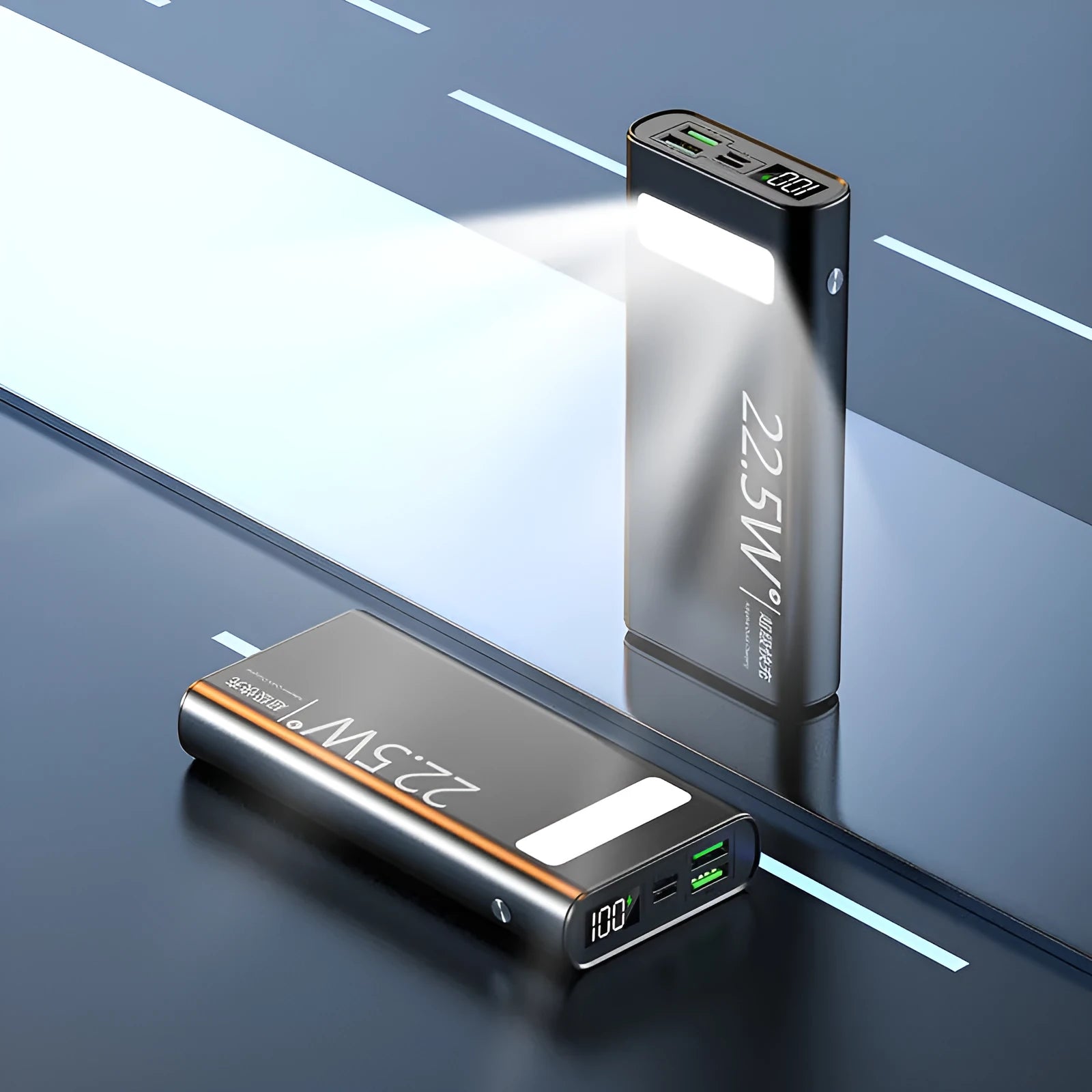 Alloy shell portable power bank with LCD display showing battery percentage, available in multiple colours