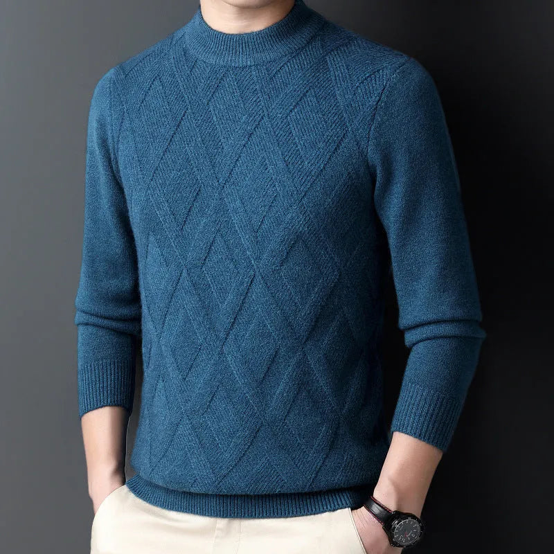 Men's thick winter sweater in diamond jacquard pattern, shown in light camel colour