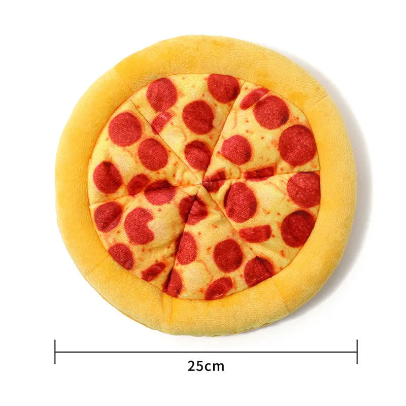 Yellow pizza slice shaped plush dog chewing toy with a squeaker for medium and small dogs.